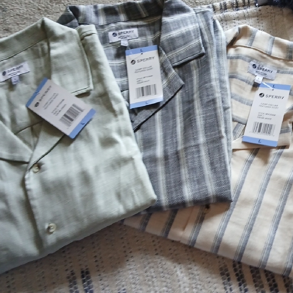Sperry Trio of Striped and Solid Camp Collar Shirts - Sage, Gray, Beige